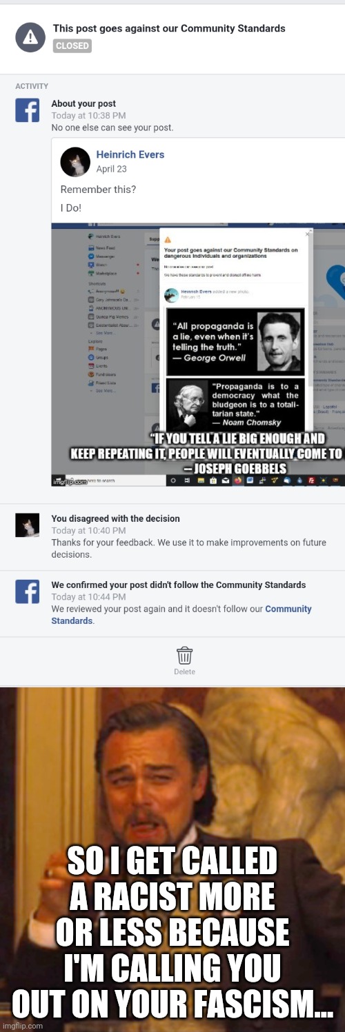 SO I GET CALLED A RACIST MORE OR LESS BECAUSE I'M CALLING YOU OUT ON YOUR FASCISM... | image tagged in laughing leo | made w/ Imgflip meme maker