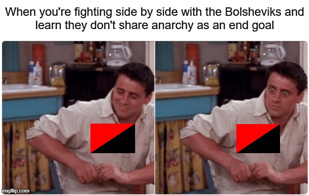 Anarcho-communists | When you're fighting side by side with the Bolsheviks and
learn they don't share anarchy as an end goal | image tagged in joey from friends,anarchy,russia,ussr,soviet union,lenin | made w/ Imgflip meme maker