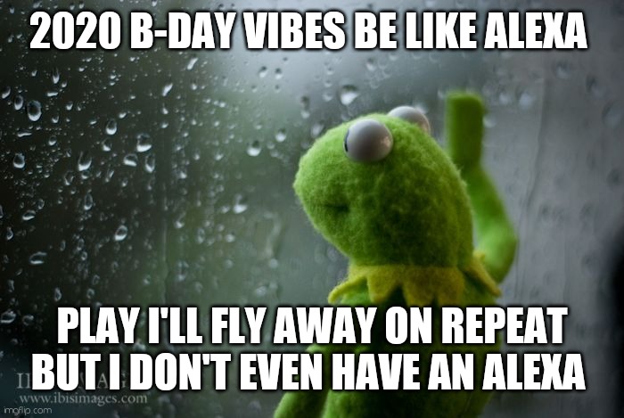 I'm ok | 2020 B-DAY VIBES BE LIKE ALEXA; PLAY I'LL FLY AWAY ON REPEAT BUT I DON'T EVEN HAVE AN ALEXA | image tagged in kermit window,happy birthday,sad | made w/ Imgflip meme maker