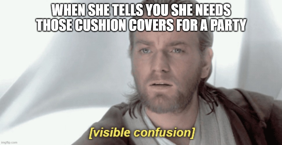 Obi-Wan Visible Confusion | WHEN SHE TELLS YOU SHE NEEDS THOSE CUSHION COVERS FOR A PARTY | image tagged in obi-wan visible confusion | made w/ Imgflip meme maker