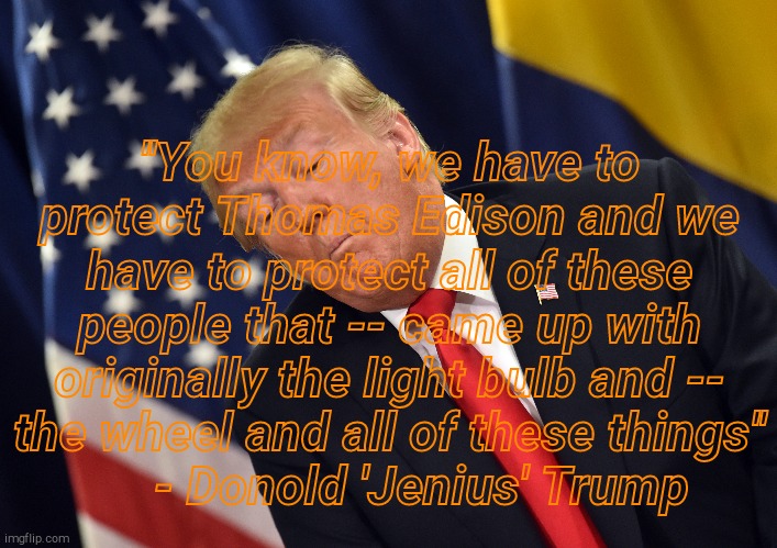 ''You know, we have to protect Thomas Edison and we have to protect all of these people that -- came up with originally the light bulb and -- the wheel and all of these things''          - Donold 'Jenius' Trump | made w/ Imgflip meme maker