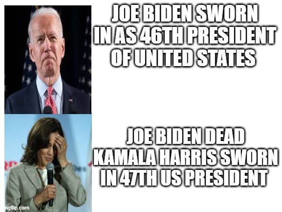 Blank White Template | JOE BIDEN SWORN IN AS 46TH PRESIDENT OF UNITED STATES; JOE BIDEN DEAD KAMALA HARRIS SWORN IN 47TH US PRESIDENT | image tagged in blank white template | made w/ Imgflip meme maker