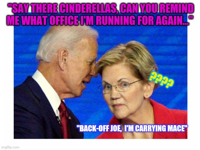 Very confused Joe Biden | "SAY THERE CINDERELLAS, CAN YOU REMIND ME WHAT OFFICE I'M RUNNING FOR AGAIN..."; ???? "BACK-OFF JOE,  I'M CARRYING MACE" | image tagged in vote,trump for president,trump 2020,no,stupid liberals | made w/ Imgflip meme maker