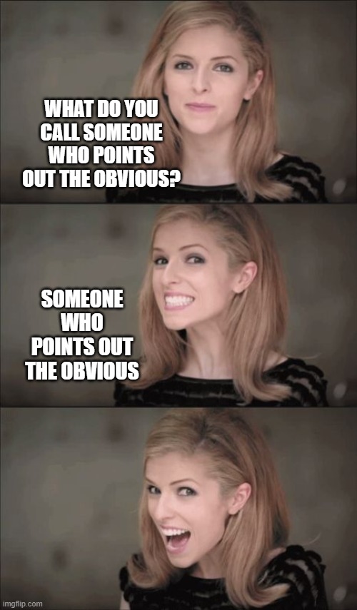 OK Google, tell me a bad joke... | WHAT DO YOU CALL SOMEONE WHO POINTS OUT THE OBVIOUS? SOMEONE WHO POINTS OUT THE OBVIOUS | image tagged in memes,bad pun anna kendrick,dont blame me,kill me already google,obvious | made w/ Imgflip meme maker