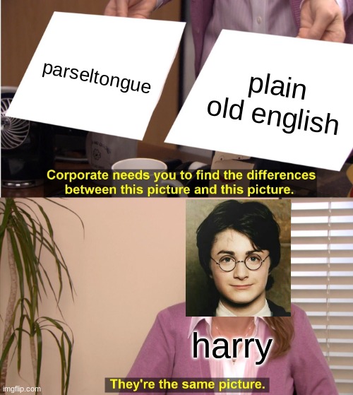 harry potter cant see the difference | parseltongue; plain old english; harry | image tagged in memes,they're the same picture,harry potter | made w/ Imgflip meme maker