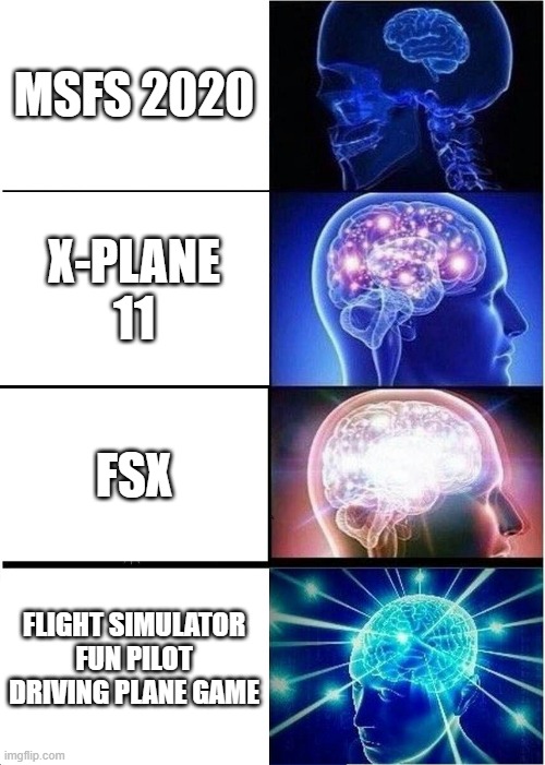 Expanding Brain Meme | MSFS 2020; X-PLANE 11; FSX; FLIGHT SIMULATOR FUN PILOT DRIVING PLANE GAME | image tagged in memes,expanding brain | made w/ Imgflip meme maker