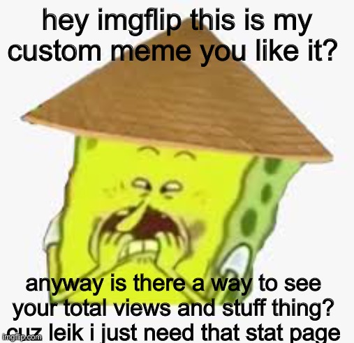 oh no spongebob | hey imgflip this is my custom meme you like it? anyway is there a way to see your total views and stuff thing? cuz leik i just need that stat page | image tagged in oh no spongebob | made w/ Imgflip meme maker