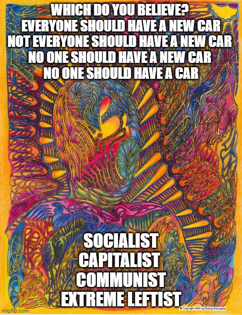Humanous Obscureous | WHICH DO YOU BELIEVE? 
EVERYONE SHOULD HAVE A NEW CAR
NOT EVERYONE SHOULD HAVE A NEW CAR 
NO ONE SHOULD HAVE A NEW CAR 
NO ONE SHOULD HAVE A CAR; SOCIALIST
CAPITALIST 
COMMUNIST
EXTREME LEFTIST | image tagged in humanous obscureous | made w/ Imgflip meme maker