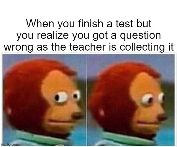 Monkey Puppet Meme | When you finish a test but you realize you got a question wrong as the teacher is collecting it | image tagged in memes,monkey puppet | made w/ Imgflip meme maker