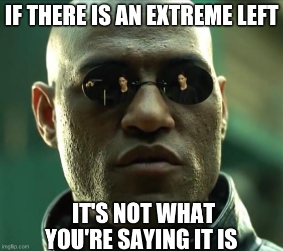Morpheus  | IF THERE IS AN EXTREME LEFT IT'S NOT WHAT YOU'RE SAYING IT IS | image tagged in morpheus | made w/ Imgflip meme maker