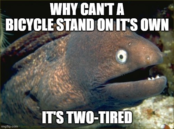 OK Google, tell me a bad joke... | WHY CAN'T A BICYCLE STAND ON IT'S OWN; IT'S TWO-TIRED | image tagged in memes,bad joke eel,i am but a muggle and google my dementor,bicycle,2 tired 2 sleep,weird al even worse | made w/ Imgflip meme maker