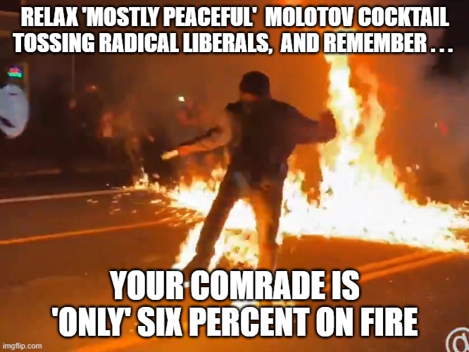 B-B-But only six percent are violent! | RELAX 'MOSTLY PEACEFUL'  MOLOTOV COCKTAIL TOSSING RADICAL LIBERALS,  AND REMEMBER . . . YOUR COMRADE IS 'ONLY' SIX PERCENT ON FIRE | image tagged in fire,molotov | made w/ Imgflip meme maker