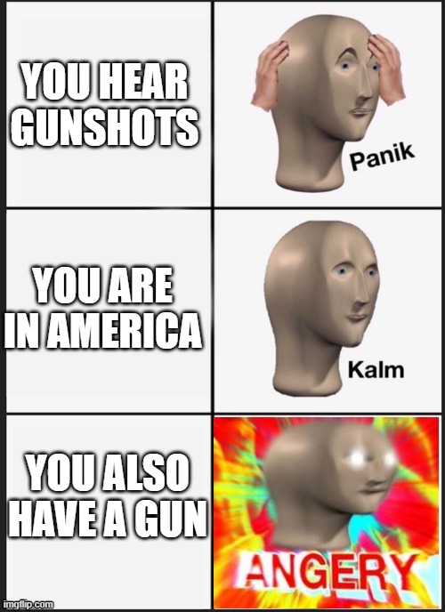 Panik Kalm Angery | YOU HEAR GUNSHOTS; YOU ARE IN AMERICA; YOU ALSO HAVE A GUN | image tagged in panik kalm angery,dankmemes | made w/ Imgflip meme maker