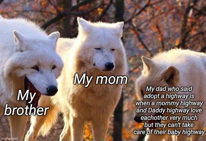 Laughing wolf | My mom; My dad who said adopt a highway is when a mommy highway and Daddy highway love eachother very much but they can't take care of their baby highway; My brother | image tagged in laughing wolf | made w/ Imgflip meme maker