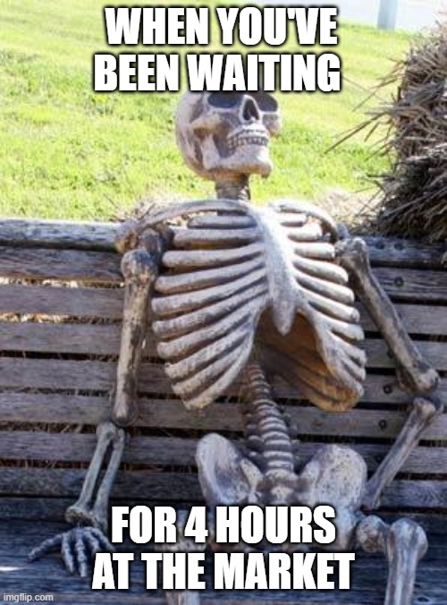 true fact | WHEN YOU'VE BEEN WAITING; FOR 4 HOURS AT THE MARKET | image tagged in memes,waiting skeleton | made w/ Imgflip meme maker