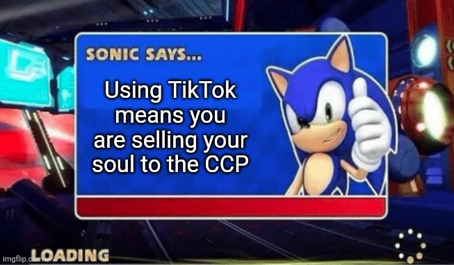 Sonic is speaking the truth | Using TikTok means you are selling your soul to the CCP | image tagged in sonic says | made w/ Imgflip meme maker