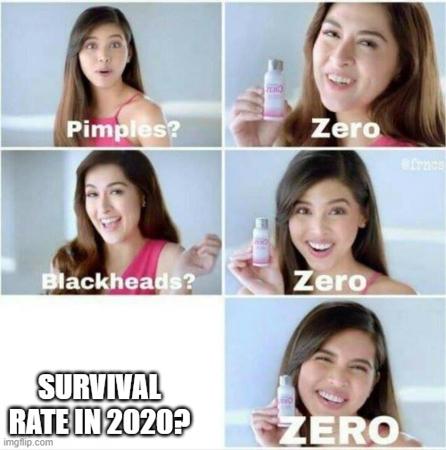 Pimples? Zero | SURVIVAL RATE IN 2020? | image tagged in pimples zero | made w/ Imgflip meme maker