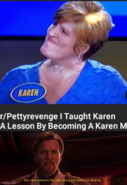 she/he teach a karen by becoming a karen | image tagged in you became the very thing you swore to destroy | made w/ Imgflip meme maker