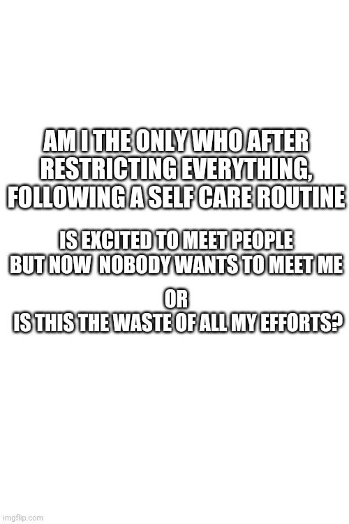 Blank Transparent Square Meme | AM I THE ONLY WHO AFTER RESTRICTING EVERYTHING, FOLLOWING A SELF CARE ROUTINE; IS EXCITED TO MEET PEOPLE BUT NOW  NOBODY WANTS TO MEET ME; OR
 IS THIS THE WASTE OF ALL MY EFFORTS? | image tagged in memes,blank transparent square,beauty,lonely,single,self isolation | made w/ Imgflip meme maker