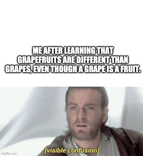 Blasphemy | ME AFTER LEARNING THAT GRAPEFRUITS ARE DIFFERENT THAN GRAPES, EVEN THOUGH A GRAPE IS A FRUIT. | image tagged in visible confusion | made w/ Imgflip meme maker