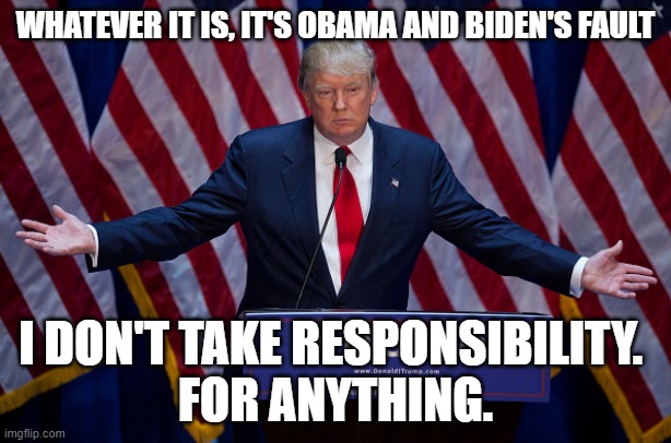 Donald Trump | WHATEVER IT IS, IT'S OBAMA AND BIDEN'S FAULT; I DON'T TAKE RESPONSIBILITY. 
FOR ANYTHING. | image tagged in donald trump | made w/ Imgflip meme maker
