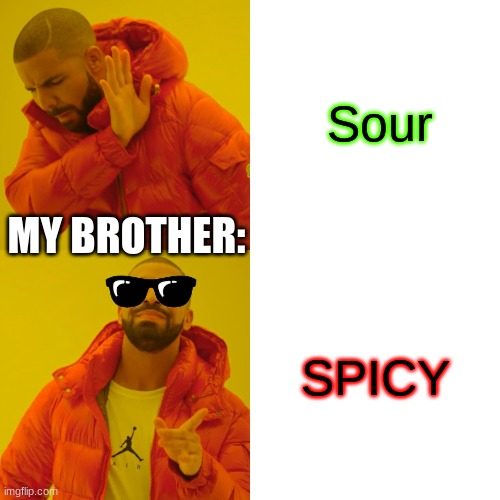 My brother when something is sour | Sour; MY BROTHER:; SPICY | image tagged in memes,drake hotline bling | made w/ Imgflip meme maker