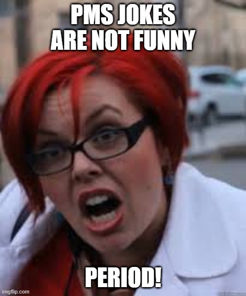 No Laughing | PMS JOKES ARE NOT FUNNY; PERIOD! | image tagged in sjw triggered | made w/ Imgflip meme maker
