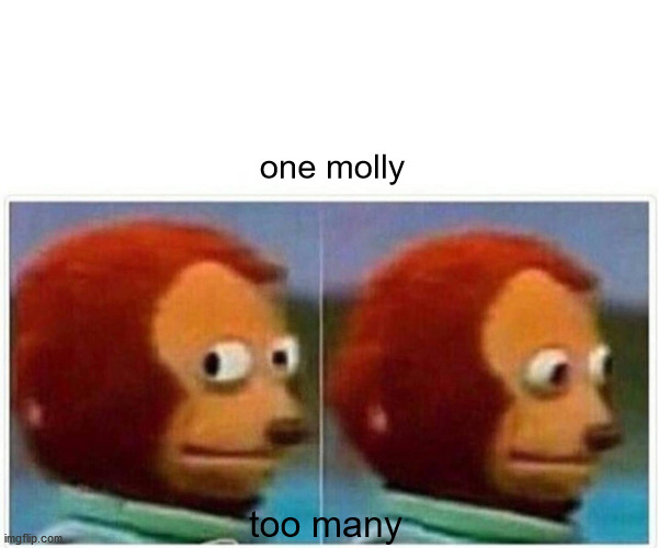 Monkey Puppet | one molly; too many | image tagged in memes,monkey puppet | made w/ Imgflip meme maker