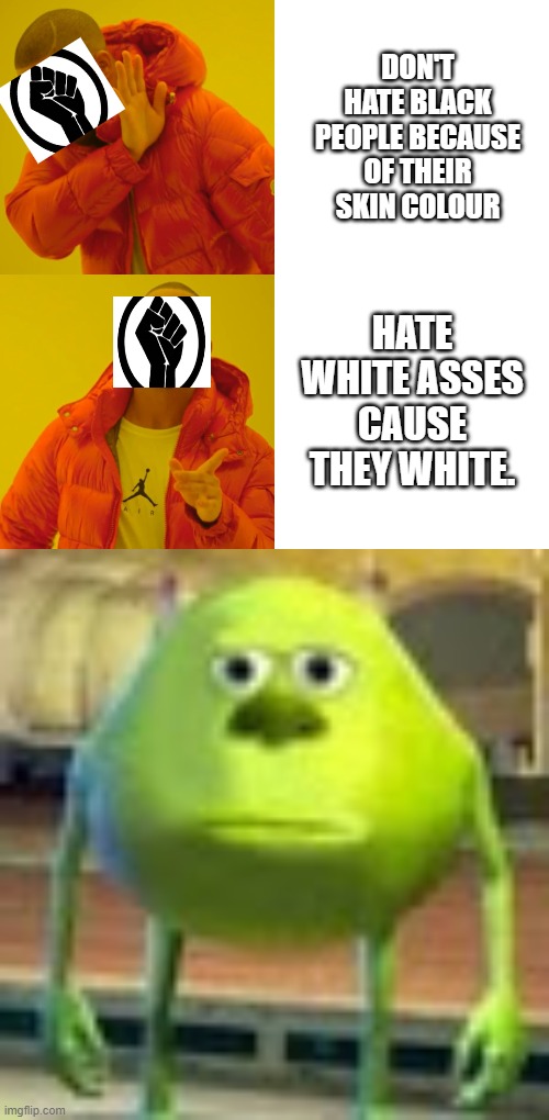 DON'T HATE BLACK PEOPLE BECAUSE OF THEIR SKIN COLOUR; HATE WHITE ASSES CAUSE THEY WHITE. | image tagged in memes,drake hotline bling,sully wazowski | made w/ Imgflip meme maker