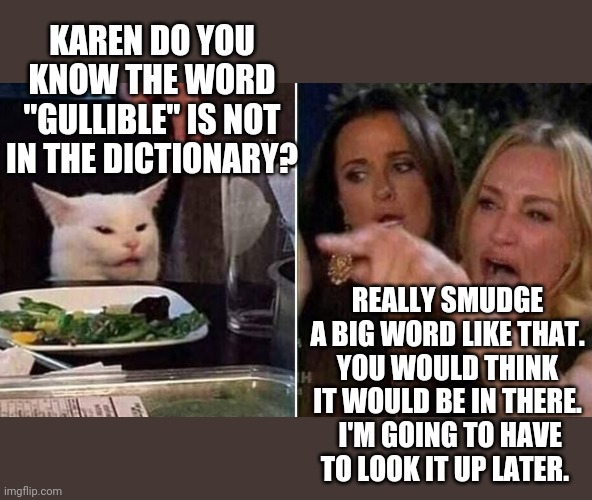 Reverse Smudge and Karen | KAREN DO YOU KNOW THE WORD "GULLIBLE" IS NOT IN THE DICTIONARY? REALLY SMUDGE A BIG WORD LIKE THAT. YOU WOULD THINK IT WOULD BE IN THERE.  I'M GOING TO HAVE TO LOOK IT UP LATER. | image tagged in reverse smudge and karen | made w/ Imgflip meme maker