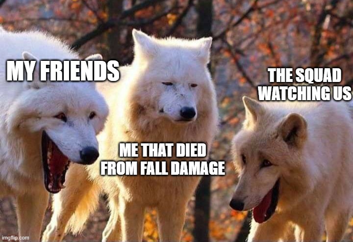 fortnite be like when u screw up | THE SQUAD WATCHING US; MY FRIENDS; ME THAT DIED FROM FALL DAMAGE | image tagged in laughing wolf,fortnite | made w/ Imgflip meme maker