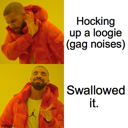 Hold Up a Sec | Hocking up a loogie
(gag noises); Swallowed it. | image tagged in memes,drake hotline bling,mucous,phlegm,gag | made w/ Imgflip meme maker