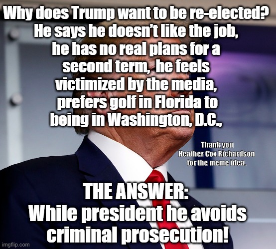 Why does Trump want to be re-elected? 
He says he doesn’t like the job, 
he has no real plans for a 
second term,  he feels 
victimized by the media, 
prefers golf in Florida to
being in Washington, D.C., Thank you Heather Cox Richardson for the meme idea. THE ANSWER: 
While president he avoids criminal prosecution! | image tagged in trump,criminal,prosecute | made w/ Imgflip meme maker