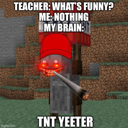 Tnt yeeter | TEACHER: WHAT’S FUNNY?
ME: NOTHING
MY BRAIN:; TNT YEETER | image tagged in tnt yeeter | made w/ Imgflip meme maker