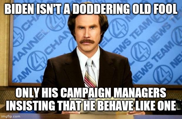BREAKING NEWS | BIDEN ISN'T A DODDERING OLD FOOL ONLY HIS CAMPAIGN MANAGERS INSISTING THAT HE BEHAVE LIKE ONE | image tagged in breaking news | made w/ Imgflip meme maker