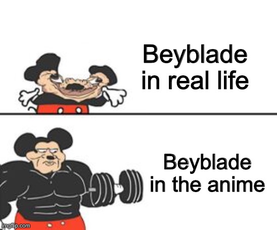 Beyblade: real life vs anime | Beyblade in real life; Beyblade in the anime | image tagged in buff mokey,beyblade | made w/ Imgflip meme maker