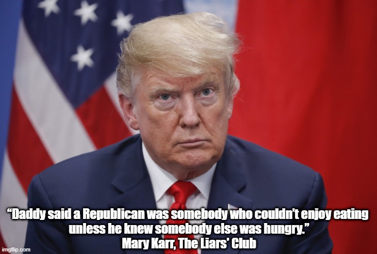  “Daddy said a Republican was somebody who couldn’t enjoy eating 
unless he knew somebody else was hungry.”
Mary Karr, The Liars' Club | made w/ Imgflip meme maker
