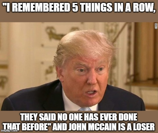 Trump Stupid Face | "I REMEMBERED 5 THINGS IN A ROW, THEY SAID NO ONE HAS EVER DONE THAT BEFORE" AND JOHN MCCAIN IS A LOSER | image tagged in trump stupid face | made w/ Imgflip meme maker