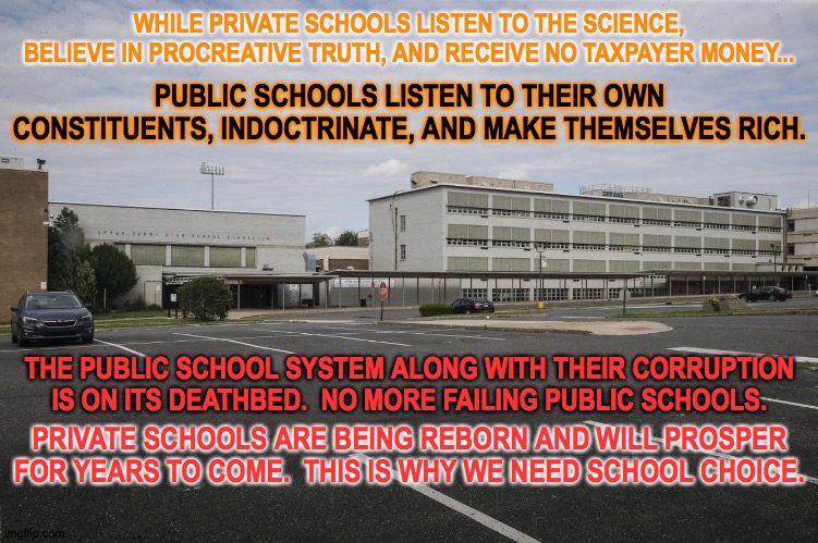The Death of the Public School System and the Rebirth of Private Schools | WHILE PRIVATE SCHOOLS LISTEN TO THE SCIENCE, BELIEVE IN PROCREATIVE TRUTH, AND RECEIVE NO TAXPAYER MONEY... PUBLIC SCHOOLS LISTEN TO THEIR OWN CONSTITUENTS, INDOCTRINATE, AND MAKE THEMSELVES RICH. THE PUBLIC SCHOOL SYSTEM ALONG WITH THEIR CORRUPTION IS ON ITS DEATHBED.  NO MORE FAILING PUBLIC SCHOOLS. PRIVATE SCHOOLS ARE BEING REBORN AND WILL PROSPER FOR YEARS TO COME.  THIS IS WHY WE NEED SCHOOL CHOICE. | image tagged in public school,private school,school choice,failing schools,children,education | made w/ Imgflip meme maker