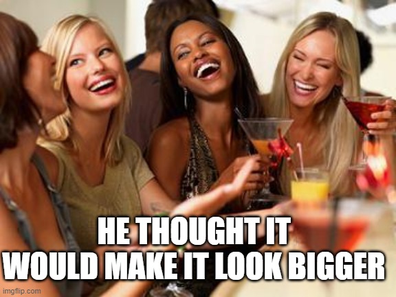 woman laughing | HE THOUGHT IT WOULD MAKE IT LOOK BIGGER | image tagged in woman laughing | made w/ Imgflip meme maker