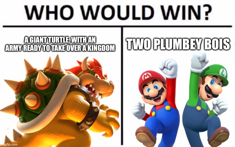 Who Would Win? | A GIANT TURTLE, WITH AN ARMY READY TO TAKE OVER A KINGDOM; TWO PLUMBEY BOIS | image tagged in mario,luigi,bowser | made w/ Imgflip meme maker