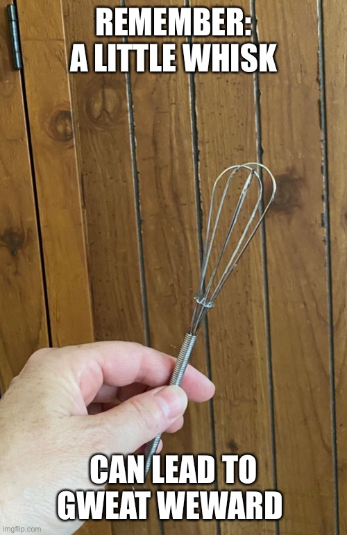 Whisk | REMEMBER: A LITTLE WHISK; CAN LEAD TO GWEAT WEWARD | image tagged in whisk,tool,kitchen,tiny,little | made w/ Imgflip meme maker