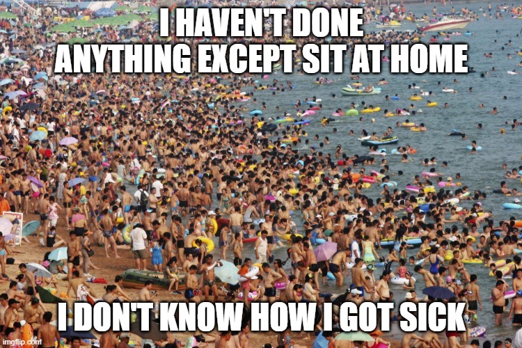 Corona | I HAVEN'T DONE ANYTHING EXCEPT SIT AT HOME; I DON'T KNOW HOW I GOT SICK | image tagged in beach | made w/ Imgflip meme maker