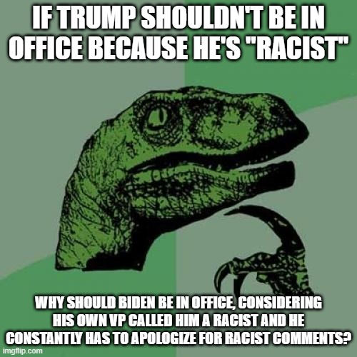 these candidates r rlly judged unfairly... | IF TRUMP SHOULDN'T BE IN OFFICE BECAUSE HE'S "RACIST"; WHY SHOULD BIDEN BE IN OFFICE, CONSIDERING HIS OWN VP CALLED HIM A RACIST AND HE CONSTANTLY HAS TO APOLOGIZE FOR RACIST COMMENTS? | image tagged in memes,philosoraptor,funny,trump 2020,joe biden,racism | made w/ Imgflip meme maker