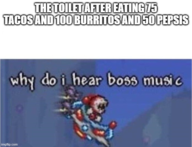 why do i hear boss music | THE TOILET AFTER EATING 75 TACOS AND 100 BURRITOS AND 50 PEPSIS | image tagged in why do i hear boss music | made w/ Imgflip meme maker