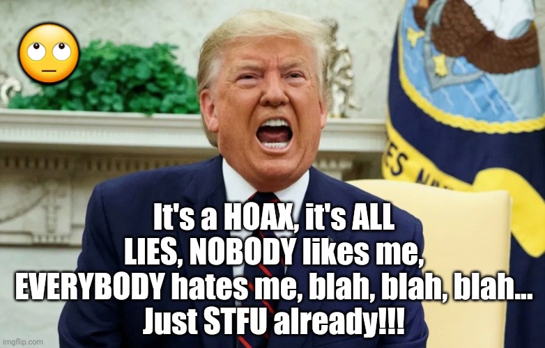 Lie, Lies, and MORE Lies... | 🙄; It's a HOAX, it's ALL LIES, NOBODY likes me, EVERYBODY hates me, blah, blah, blah...
Just STFU already!!! | image tagged in trump,trump lies,stfu | made w/ Imgflip meme maker