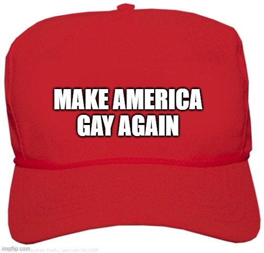 blank red MAGA hat | MAKE AMERICA GAY AGAIN | image tagged in blank red maga hat | made w/ Imgflip meme maker