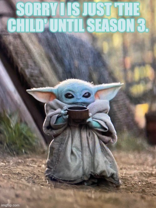 BABY YODA TEA | SORRY I IS JUST 'THE CHILD' UNTIL SEASON 3. | image tagged in baby yoda tea | made w/ Imgflip meme maker