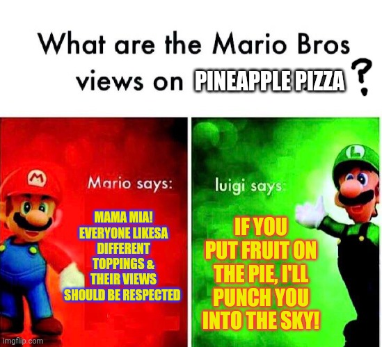 Pineapple pizza | MAMA MIA! EVERYONE LIKESA DIFFERENT TOPPINGS & THEIR VIEWS SHOULD BE RESPECTED PINEAPPLE PIZZA IF YOU PUT FRUIT ON THE PIE, I'LL PUNCH YOU I | image tagged in mario luigi,pineapple pizza | made w/ Imgflip meme maker