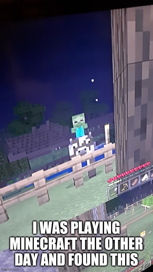 I WAS PLAYING MINECRAFT THE OTHER DAY AND FOUND THIS | image tagged in zombie kid on cow,i actually saw this | made w/ Imgflip meme maker